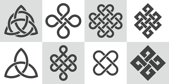 Celtic knots. Set of variety endless ornaments in Celtic style. Vector patterns. Abstract tribal tattoo elements. Traditional medieval decoration with intertwined shapes. Buddhist endless knot symbols