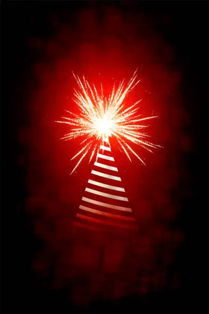 Vector illustration of Vertical vector illustration of a creative dark red maroon color background with one creative striped white triangle shape with explosion firework at the top like new year celebration on top of Christmas tree