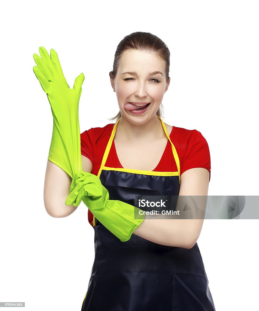 Porträt eines jungen Zwinkern Frau mit Abwaschen-Handschuhe - Lizenzfrei 20-24 Jahre Stock-Foto