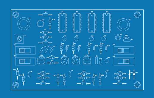 A blue print style illustration of a printed circuit board