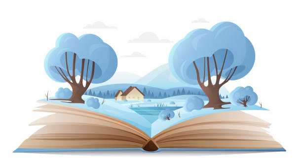 boże narodzenie zimowa przyroda w otwartej książce, bajkowa zimowa scena i krajobraz na papierowej stronie - winter snow landscape house stock illustrations