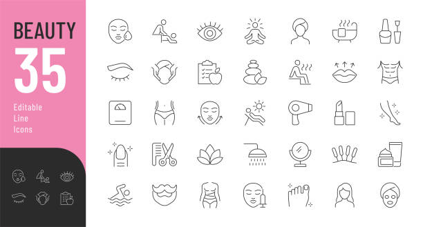 Beauty Line Editable Icons set. Vector illustration in thin line modern style of body care related icons: cosmetic procedures for face and body, diet, cosmetics, and more. salon mirror stock illustrations