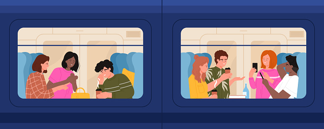 People travel on train, view through wagon window vector illustration. Cartoon scenes with passengers sitting in car interior, happy young woman and man talk and drink coffee with conversation