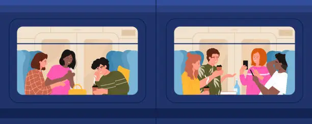 Vector illustration of People travel on train, view through wagon window, scenes with passengers sitting in car