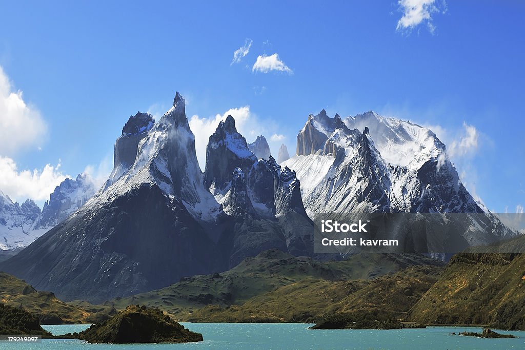 Epic beauty  landscape - Cliffs of Los Kuernos Epic beauty of the landscape - the National Park Torres del Paine in southern Chile. Cliffs of Los Kuernos in cold windy summer day Andes Stock Photo