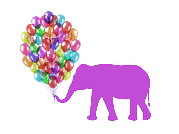 silhouette of purple elephant keeping lots of colorful balloons with his trunk