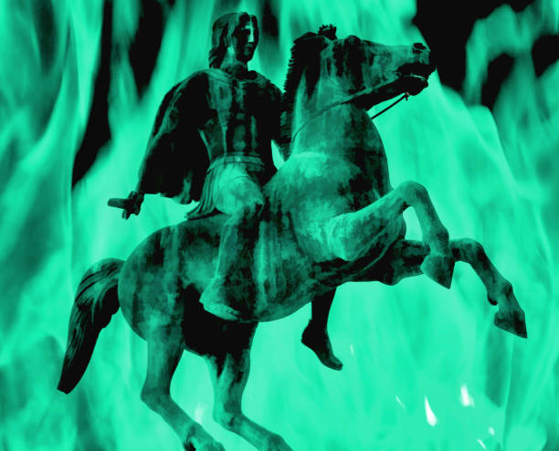 Digital illustration art. Statue of Alexander the Greate into the flames.