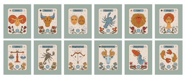 A set of cards with zodiac signs. Astrological zodiac signs in vintage style. 12 horoscope signs. Flat vector illustration. A set of cards with zodiac signs. Astrological zodiac signs in vintage style. 12 horoscope signs. Flat vector earth air fire water signs stock illustrations