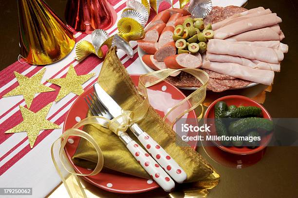 Football Party Table In Red Gold White Colors With Food Stock Photo - Download Image Now