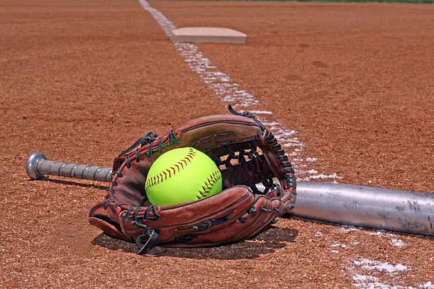 yellow ball bat and glove on the softball baseball field