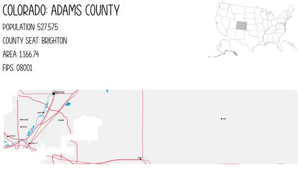 Vector illustration of Large and detailed map of Adams County in Colorado, USA.