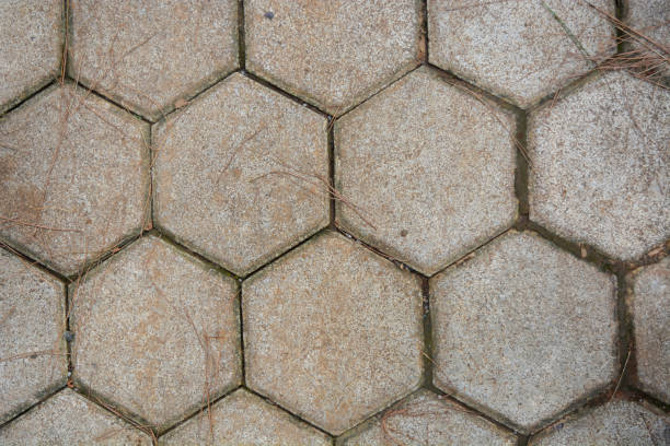 The road is covered with 6-sided paving in gray.