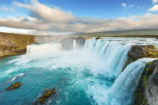 Godafoss is a very beautiful Icelandic waterfall. It is located on the North of the island not far from the lake Myvatn and the Ring Road.