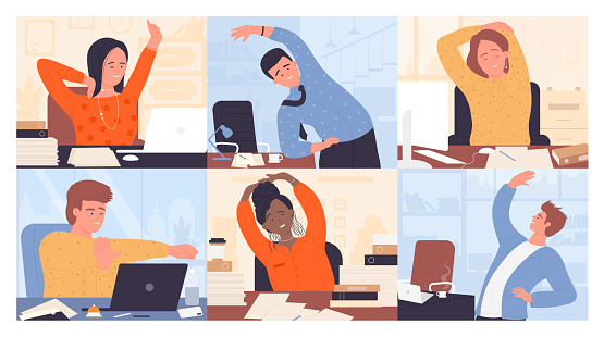 People stretching at workplace, office yoga set vector illustration. Cartoon employees relax after work, workers characters stretch body in physical exercises sitting in chairs or standing near table