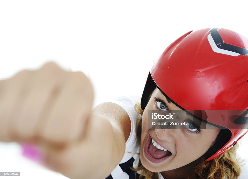 Super Chica con cascos de conexión de red - Foto de stock de Casco - Herramientas profesionales libre de derechos