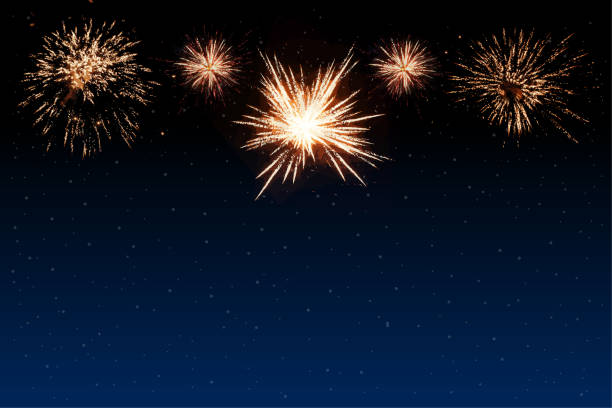 Metallic golden beige brown colored fireworks sparkling explosions over shining midnight blue black colour starry sky like festive glowing glittering horizontal vector backgrounds for Happy New Year Diwali celebrations greeting cards, posters and banners Gold coloured firework on a blue black glittery background vector illustration like night sky studded with stars. Can be used as , New Year, Diwali celebrations festive backgrounds, banners, wallpaper, gift wrapping sheet, poster ad greeting cards. firework colors stock illustrations