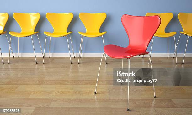 Row Of Chairs On Blue Wall Stock Photo - Download Image Now - Abstract, Architecture, Blue