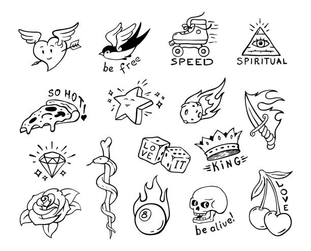 czarny tatuaż prosty staromodny ręcznie rysowany kreskówka postacie i elementy ustawione linia ikona wektor - tatuaże z diamentami stock illustrations