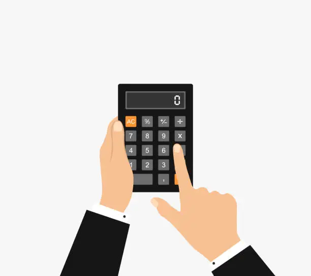 Vector illustration of Businessman Using Calculator. Accounting, Finances, Audit And Budget Concept