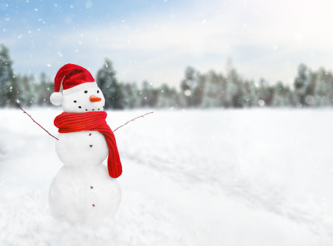 happy snowman in a santa hat in a snowdrift against the background of the forest