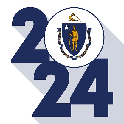 2024 long shadow banner with Massachusetts state flag inside. Vector illustration.