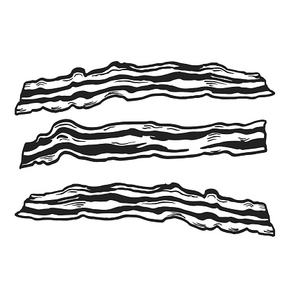 Hand drawn vector sketch of baked fried bacon strips, three grilled strips of crispy bacon for burger, sandwich, black and white illustration, isolated on white background, for menu, restaurant