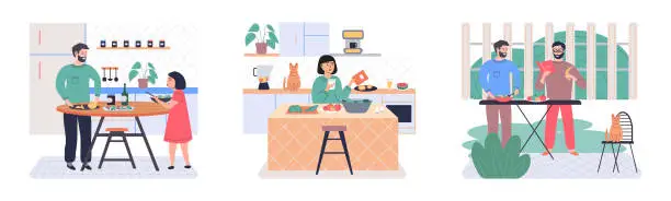 Vector illustration of People cooking vegetarian food. Vector illustration.