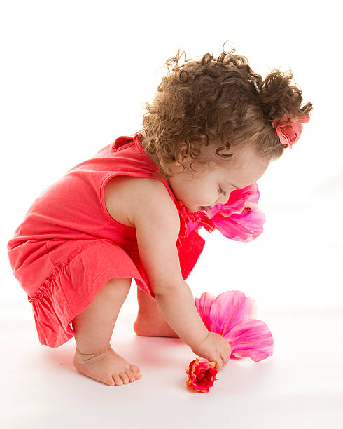 Baby Girl Plays with Flowers Mixed race baby girl in a pink dress plays with flowers. baby squatting stock pictures, royalty-free photos & images