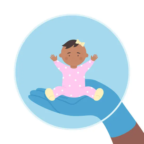 Vector illustration of Human hand in medical glove holding bubble with baby girl to protect against virus disease isolated