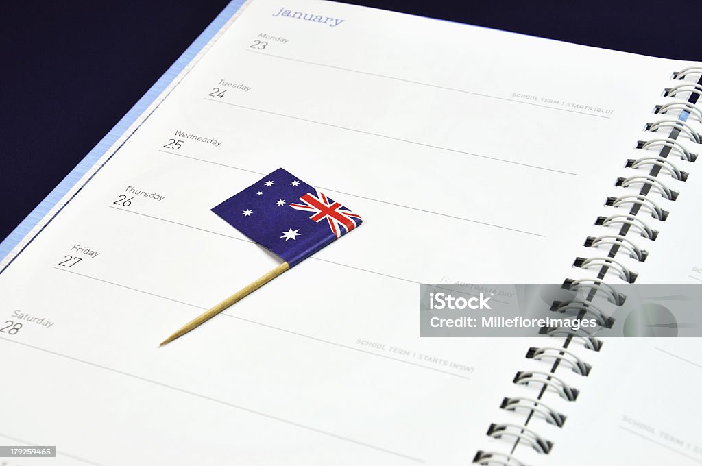 Australia día 26 de enero, bandera australiana coloca en journal diario - Foto de stock de Alimento libre de derechos