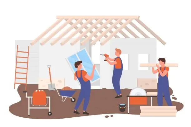 Vector illustration of House building, architectural, construction process character flat vector illustration. Workers using tools and materials for constructing home. Turnkey, construction design company isolated