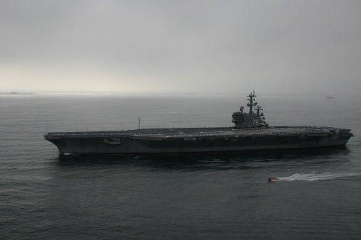 An ariel photo of th USS Ronald Reagan returning from deployment.