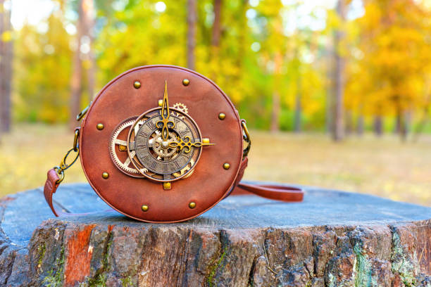 Captivating round bag with a clock face and intricate gears, artfully positioned on a tree stump in the tranquil forest, embodying a perfect blend of fashion and nature.