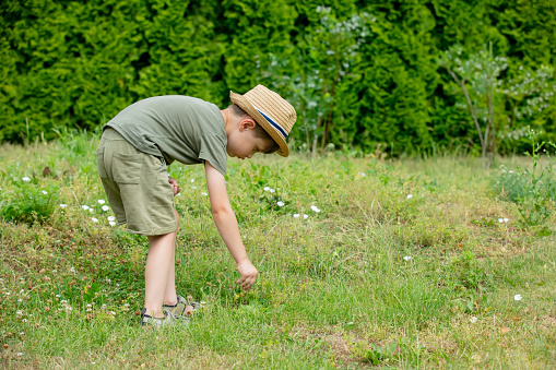 Little autist preschool boy in hat play in garden