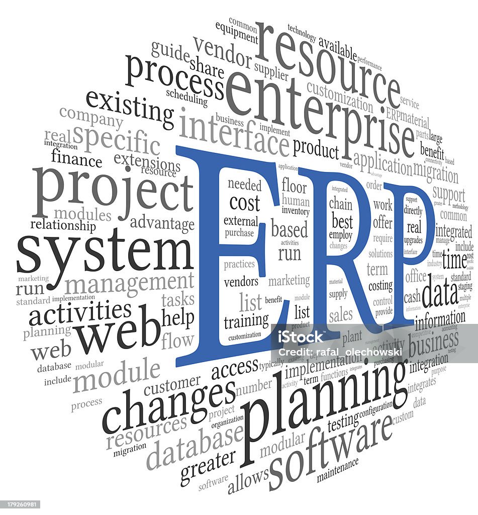 ERP in blue in a black and white word cloud Enterprise Resource Planning System CRM in word tag cloud Enterprise Resource Planning Stock Photo