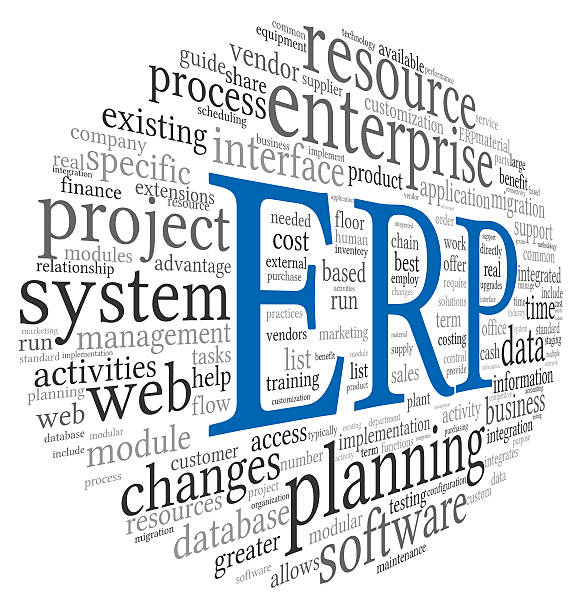 ERP in blue in a black and white word cloud stock photo