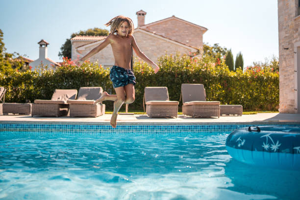 istock Young Boy's Splashy Fun at Villa Pool 1792610772