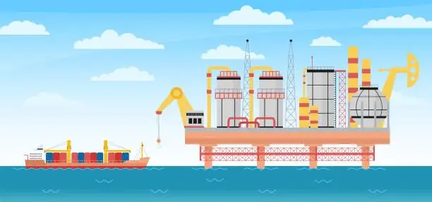 Vector illustration of Sea gas industry concept. Oil extraction and drill technology. Tanker with storages in ocean approaches to drilling platform. Decent vector industrial scene