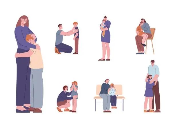 Vector illustration of Parents support children, hugging and kissing. Crying kids, sad toddlers and teenagers and supporting adults. Healthy family relationships kicky vector set