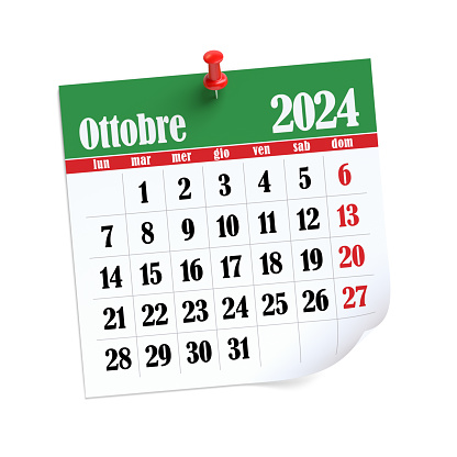 October Calendar 2024 in Italian Language. Isolated on White Background. 3D Illustration