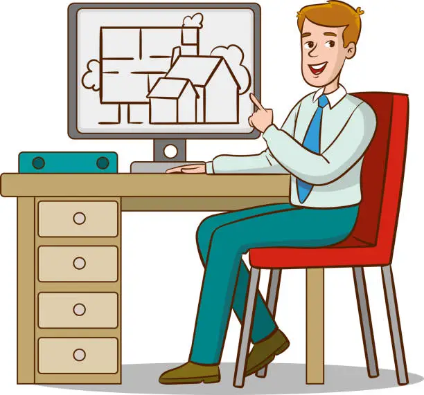 Vector illustration of Rear view of cartoon man architect working on construction project vector illustration