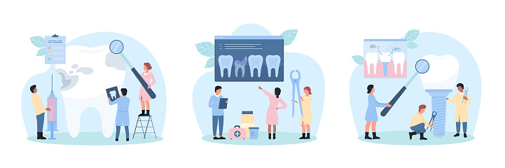 Dentistry set vector illustration. Cartoon tiny dentists treat caries, people remove bad dead or broken giant tooth, doctors place dental prosthesis, artificial implant with crown and titanium screw