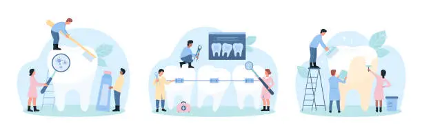 Vector illustration of Dental care in hospital set, tiny dentists clean enamel of tooth with tool and toothbrush