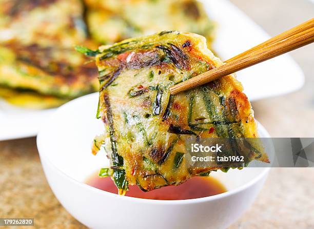 Korean Green Onion Pancakes Ready To Eat Stock Photo - Download Image Now - Bowl, Chopsticks, Close-up