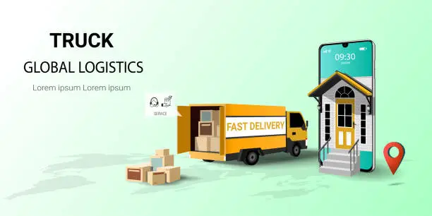 Vector illustration of Online delivery service on mobile by truck, Global transport logistics, Delivery home and office, Online order. Truck, warehouse and parcel box. Delivery concept. 3D Perspective Vector illustration