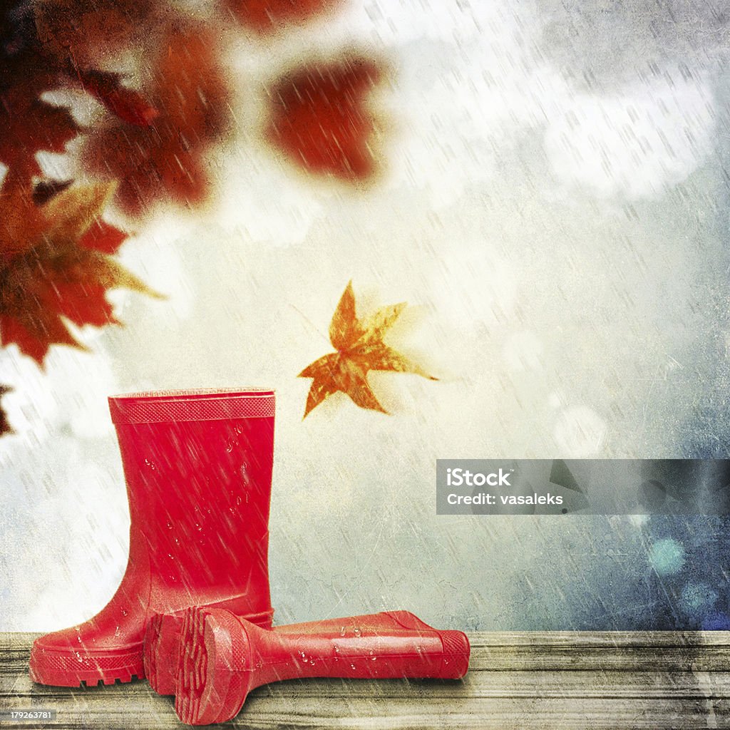 Stivali per bambini sulla terrazza in legno - Foto stock royalty-free di Autunno