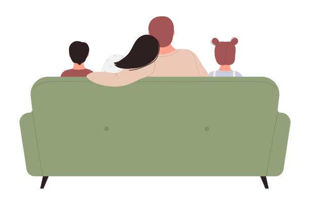 Family people watch tv, cartoon flat mother, father, daughter and son teenagers watching tv together isolated Family people watch tv, cartoon flat mother, father, daughter and son teenagers watching tv together isolated vector illustration couch back stock illustrations