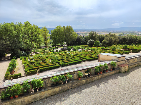 Panoramic view of the gardens and Florence at Villa La Petraia, one of the Medici villas in Castello, Florence, Tuscany. It has a distinctive 19th-century belvedere on the upper east terrace with the view of Florence. It is a declared Unesco World Heritage site.