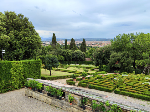 Panoramic view of the gardens and Florence at Villa La Petraia, one of the Medici villas in Castello, Florence, Tuscany. It has a distinctive 19th-century belvedere on the upper east terrace with the view of Florence. It is a declared Unesco World Heritage site.