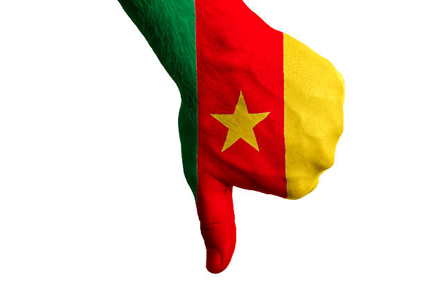 Flag of Cameroon ink splat on black background. Splatter grunge effect. Copy space. Solid background. Text sample.